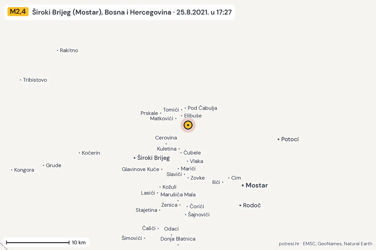 Karta: okolica epicentra, 60 km, potres M2,4, Široki Brijeg (Mostar), Bosna i Hercegovina, 25.8.2021.