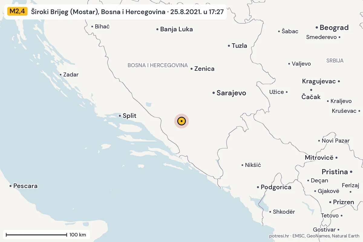 Karta: šire područje, 600 km, potres M2,4, Široki Brijeg (Mostar), Bosna i Hercegovina, 25.8.2021.
