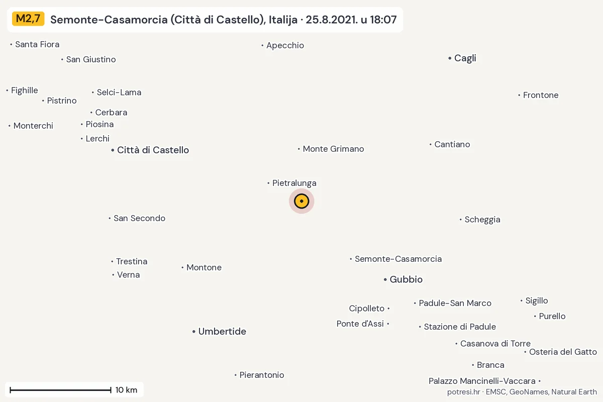 Karta: okolica epicentra, 60 km, potres M2,7, Semonte-Casamorcia (Città di Castello), Italija, 25.8.2021.