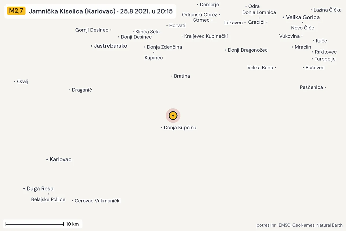 Karta: okolica epicentra, 60 km, potres M2,7, Jamnička Kiselica (Karlovac), 25.8.2021.