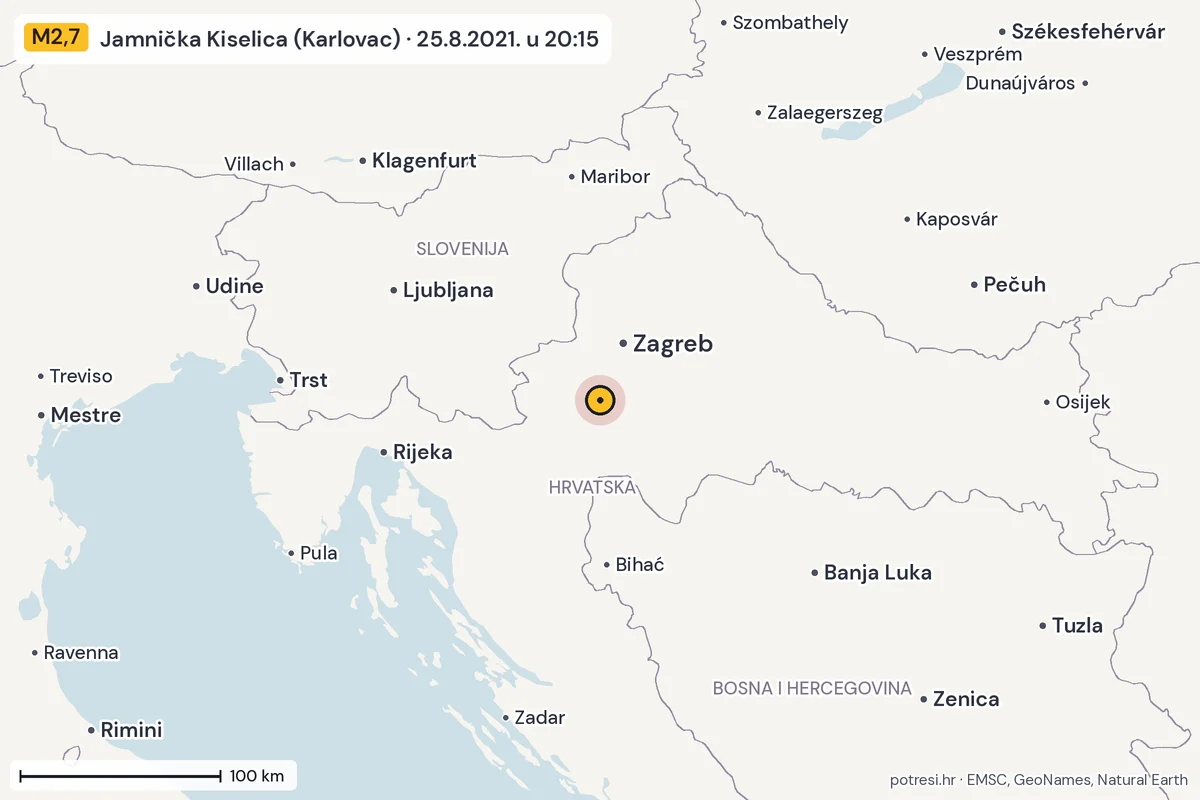 Karta: šire područje, 600 km, potres M2,7, Jamnička Kiselica (Karlovac), 25.8.2021.