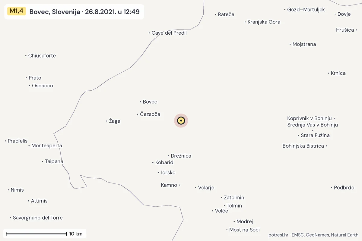 Karta: okolica epicentra, 60 km, potres M1,4, Bovec, Slovenija, 26.8.2021.