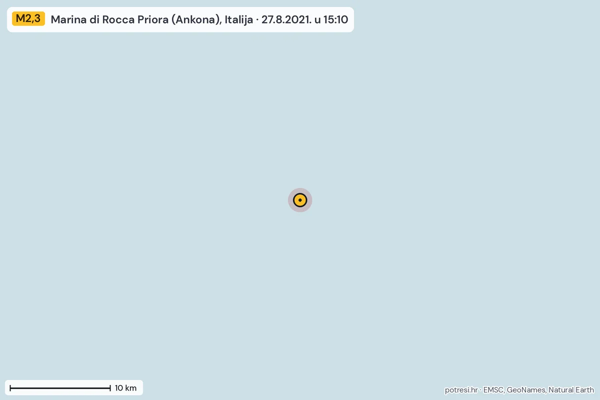 Karta: okolica epicentra, 60 km, potres M2,3, Marina di Rocca Priora (Ankona), Italija, 27.8.2021.