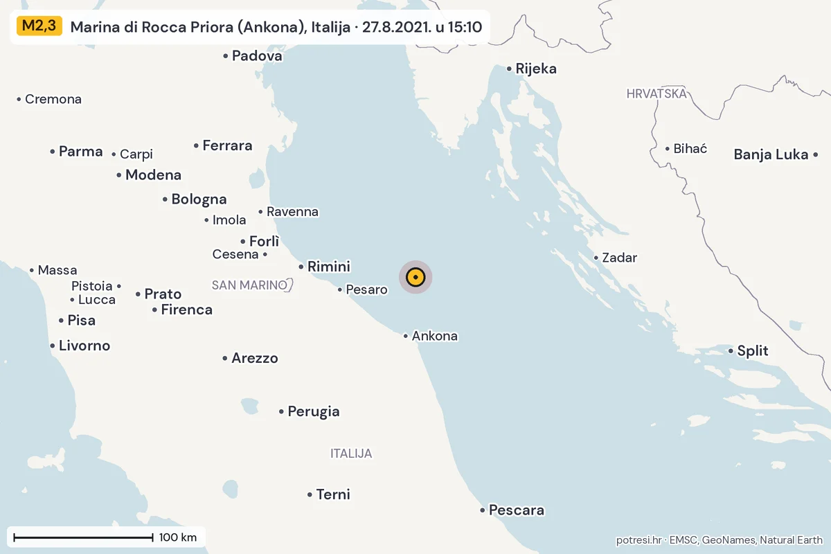 Karta: šire područje, 600 km, potres M2,3, Marina di Rocca Priora (Ankona), Italija, 27.8.2021.