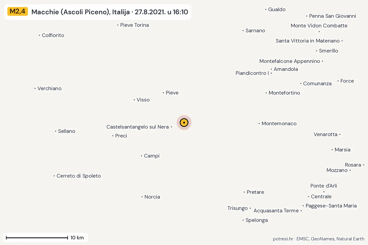Karta: okolica epicentra, 60 km, potres M2,4, Macchie (Ascoli Piceno), Italija, 27.8.2021.