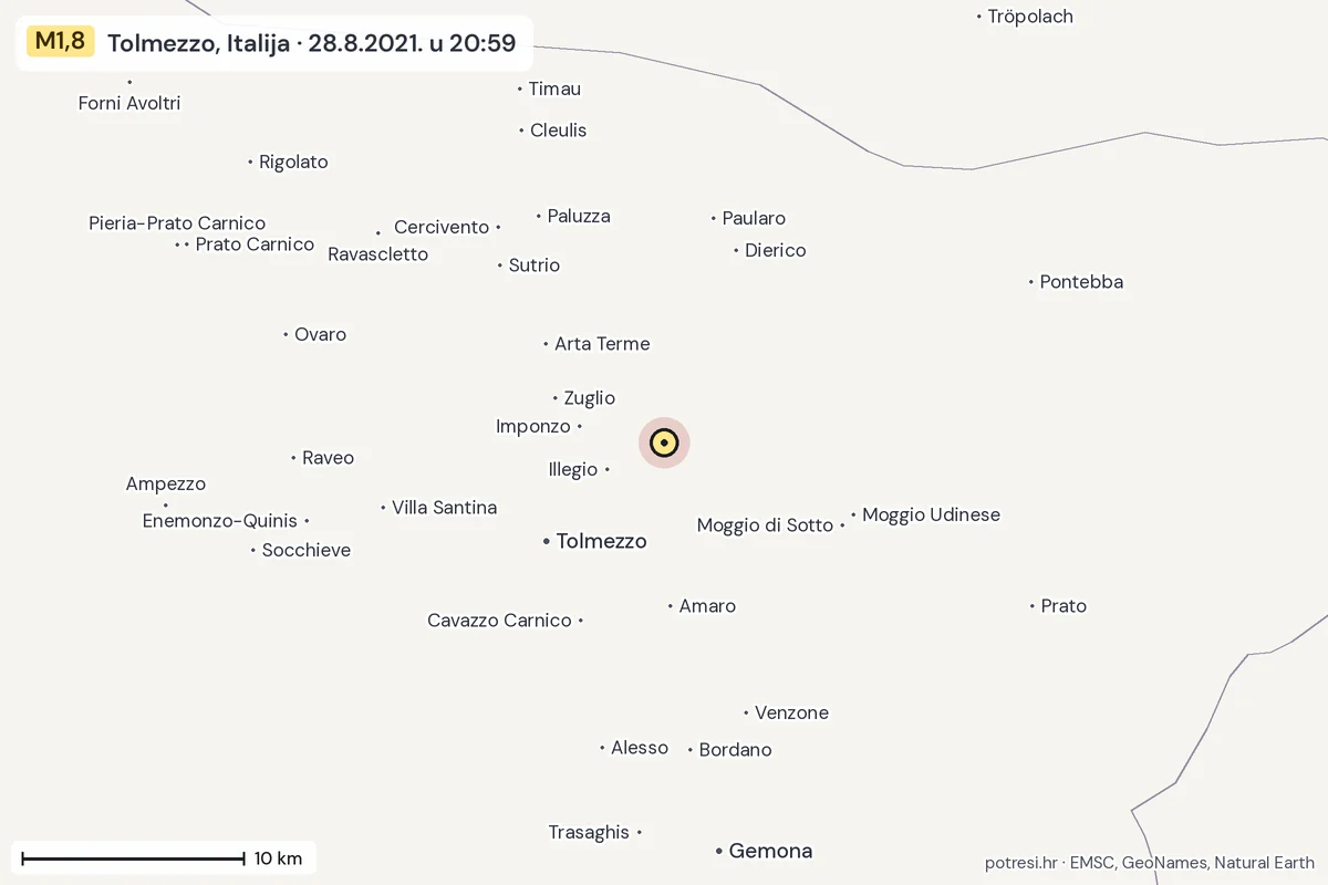 Karta: okolica epicentra, 60 km, potres M1,8, Tolmezzo, Italija, 28.8.2021.