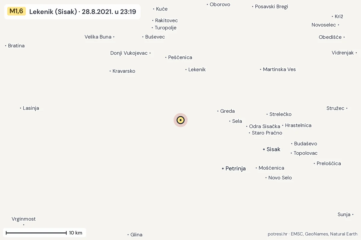 Karta: okolica epicentra, 60 km, potres M1,6, Lekenik (Sisak), 28.8.2021.