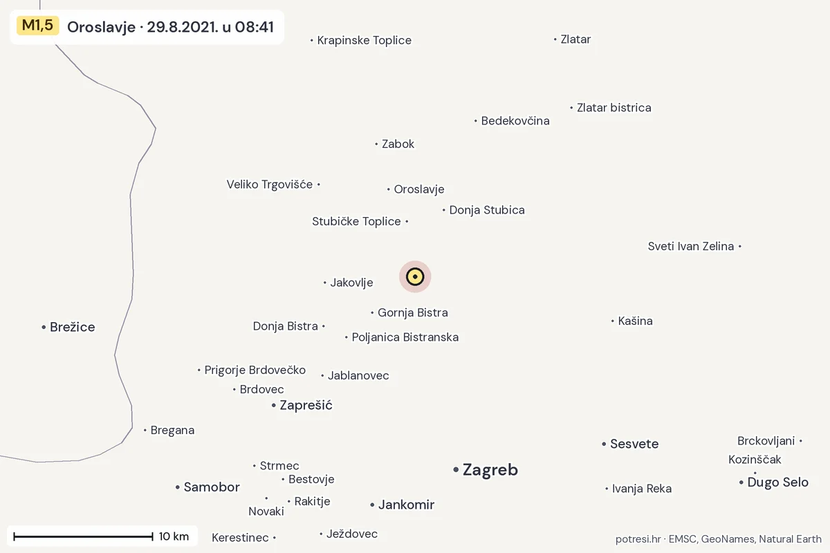 Karta: okolica epicentra, 60 km, potres M1,5, Oroslavje, 29.8.2021.