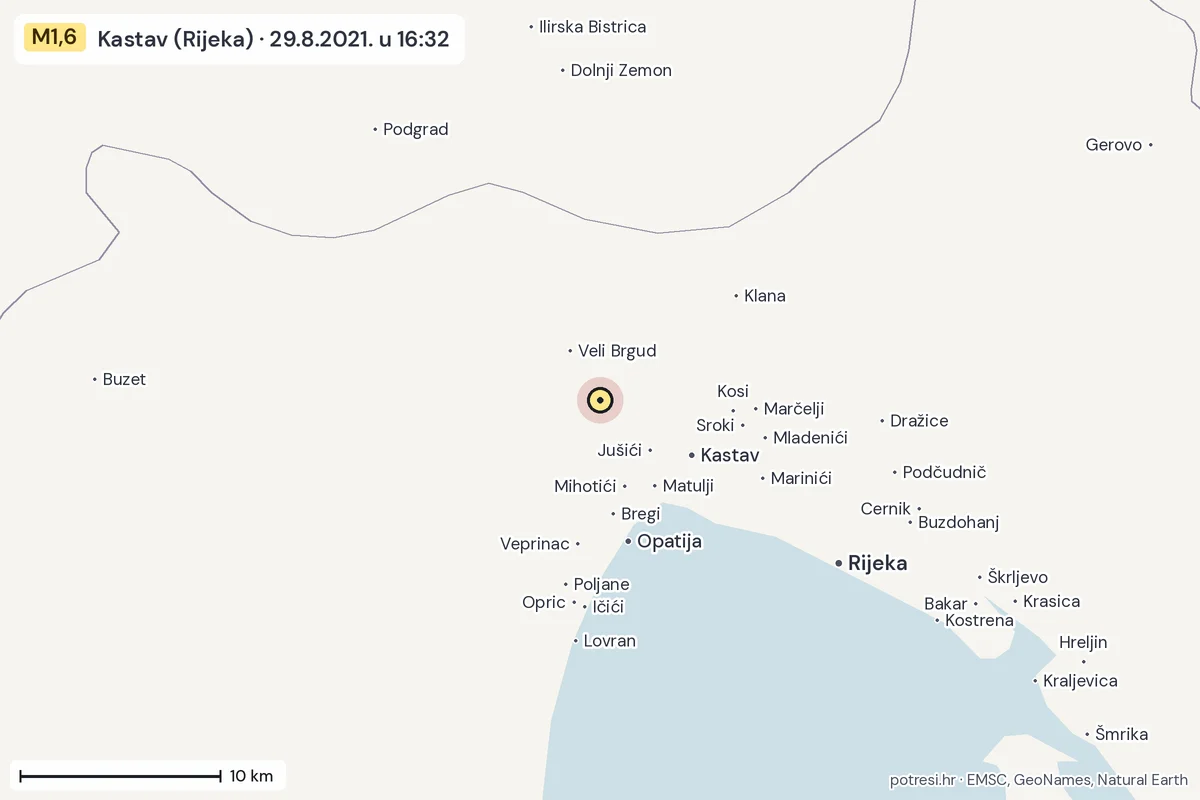 Karta: okolica epicentra, 60 km, potres M1,6, Kastav (Rijeka), 29.8.2021.
