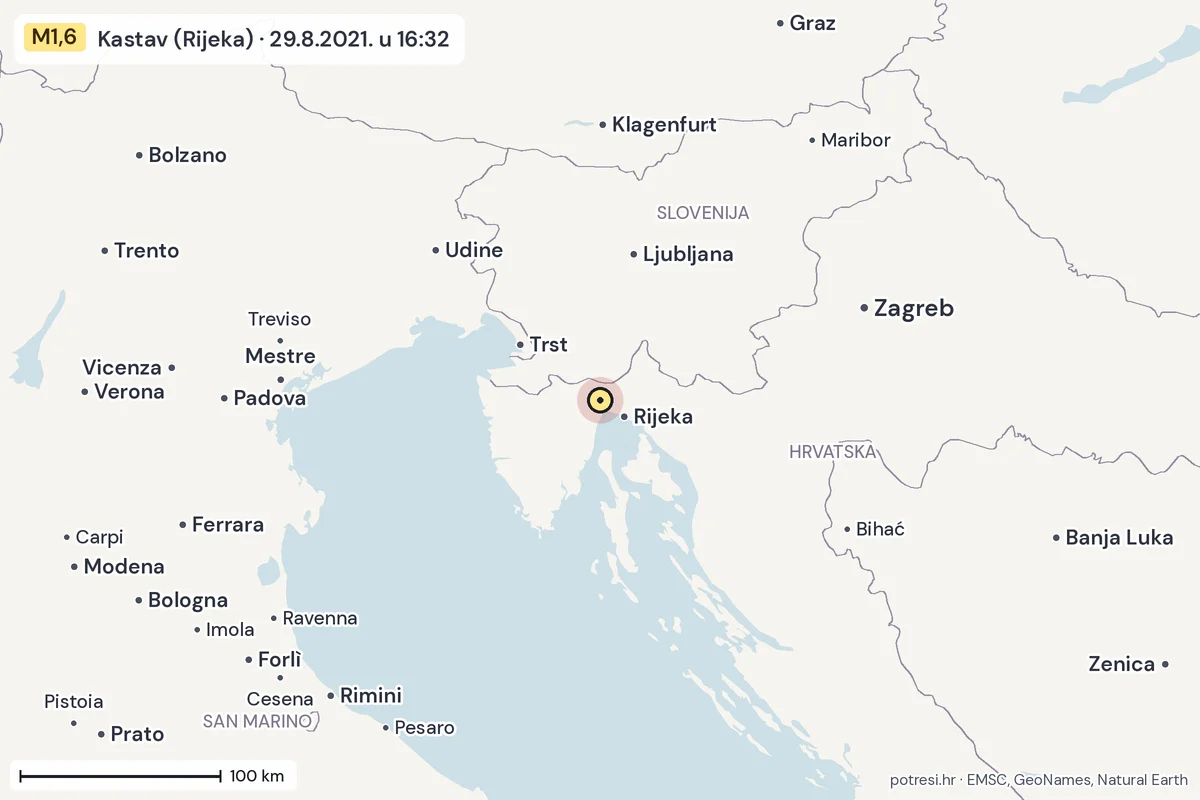 Karta: šire područje, 600 km, potres M1,6, Kastav (Rijeka), 29.8.2021.