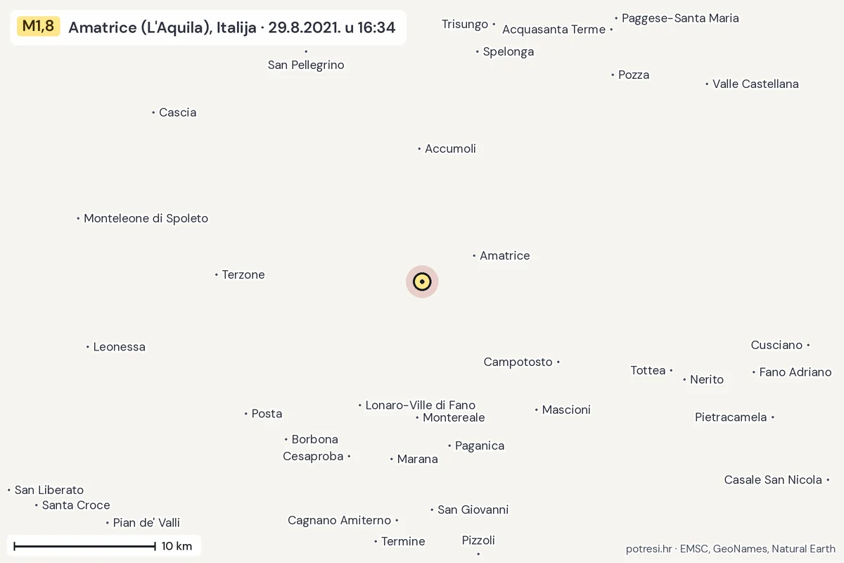 Karta: okolica epicentra, 60 km, potres M1,8, Amatrice (L'Aquila), Italija, 29.8.2021.