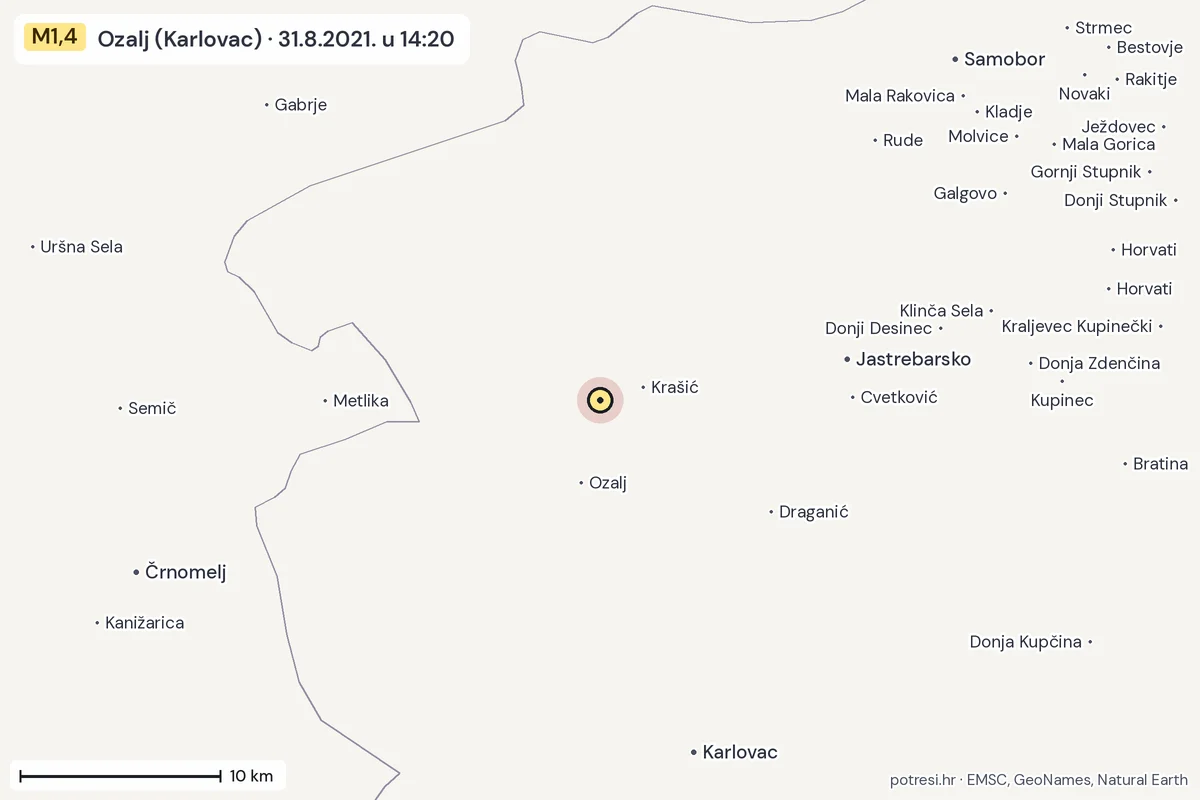 Karta: okolica epicentra, 60 km, potres M1,4, Ozalj (Karlovac), 31.8.2021.