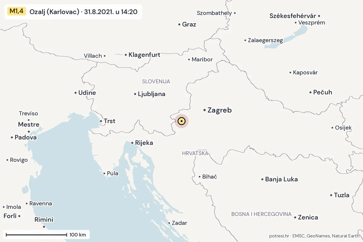 Karta: šire područje, 600 km, potres M1,4, Ozalj (Karlovac), 31.8.2021.