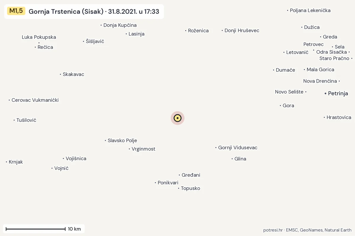 Karta: okolica epicentra, 60 km, potres M1,5, Gornja Trstenica (Sisak), 31.8.2021.