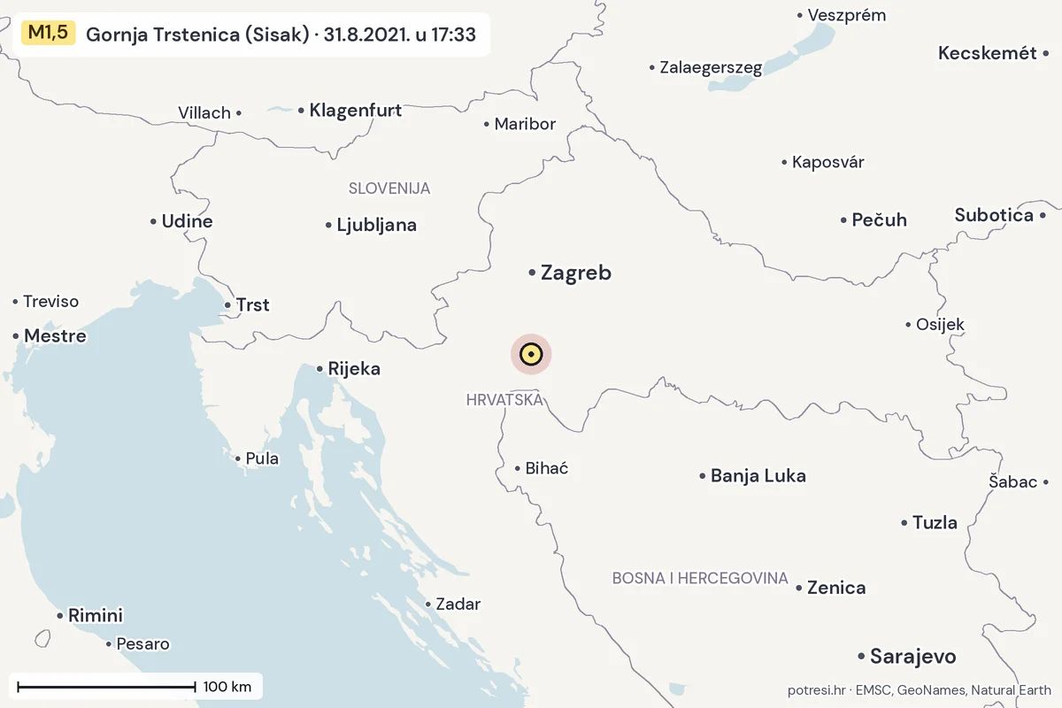 Karta: šire područje, 600 km, potres M1,5, Gornja Trstenica (Sisak), 31.8.2021.