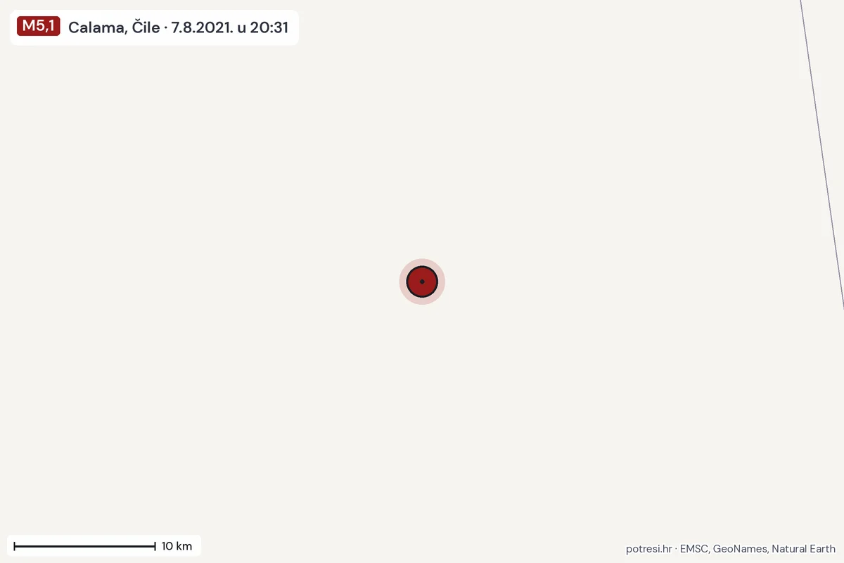 Karta: okolica epicentra, 60 km, potres M5,1, Calama, Čile, 7.8.2021.