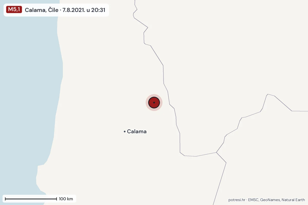 Karta: šire područje, 600 km, potres M5,1, Calama, Čile, 7.8.2021.