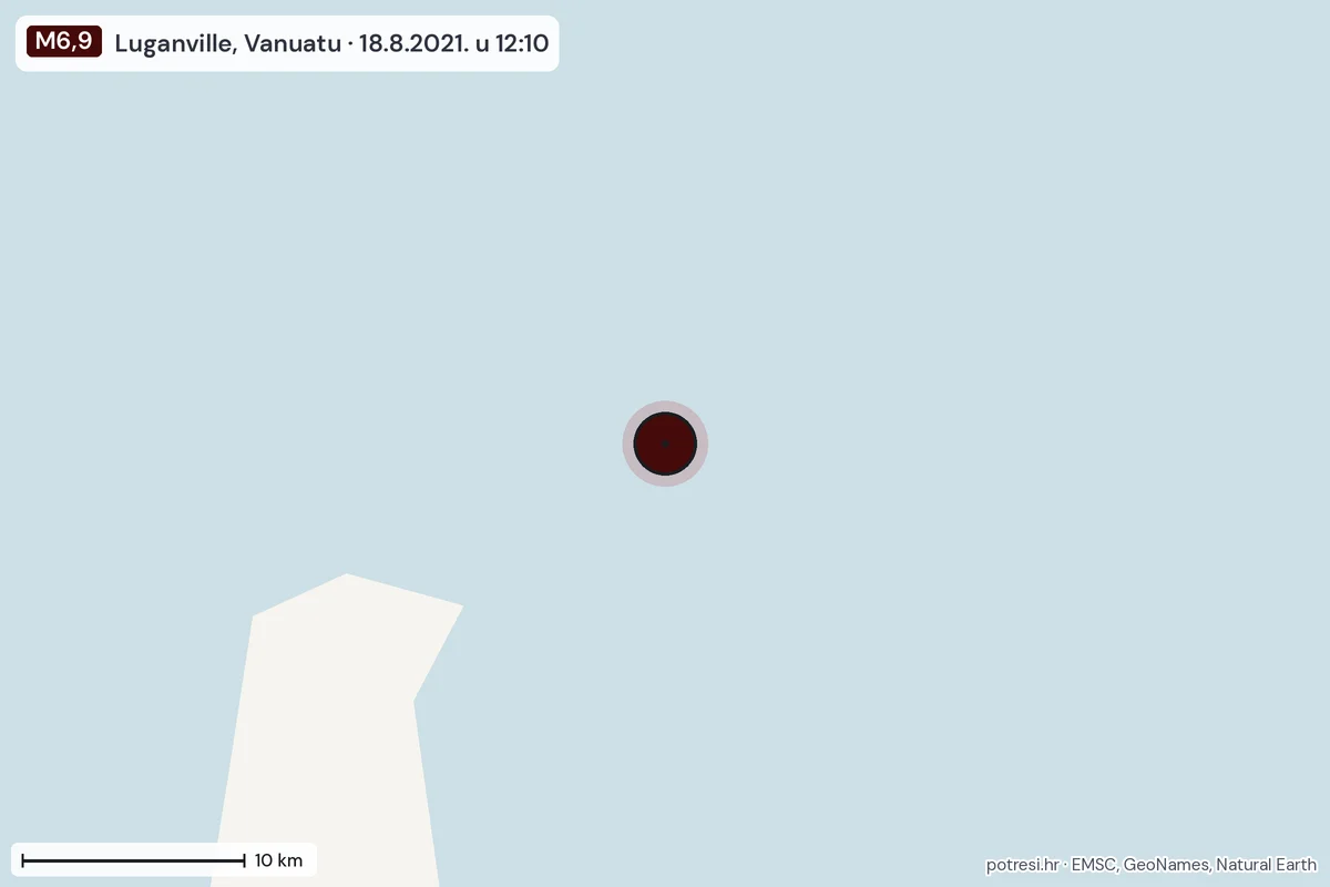 Karta: okolica epicentra, 60 km, potres M6,9, Luganville, Vanuatu, 18.8.2021.