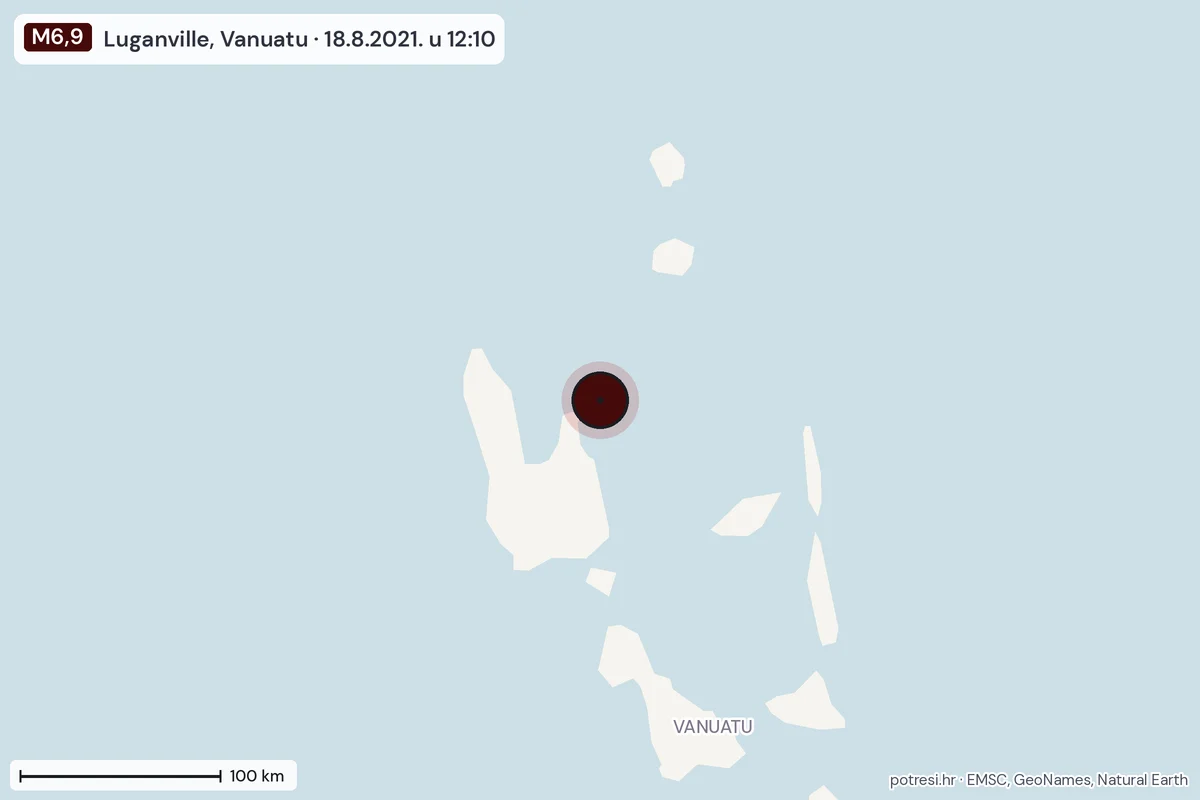 Karta: šire područje, 600 km, potres M6,9, Luganville, Vanuatu, 18.8.2021.