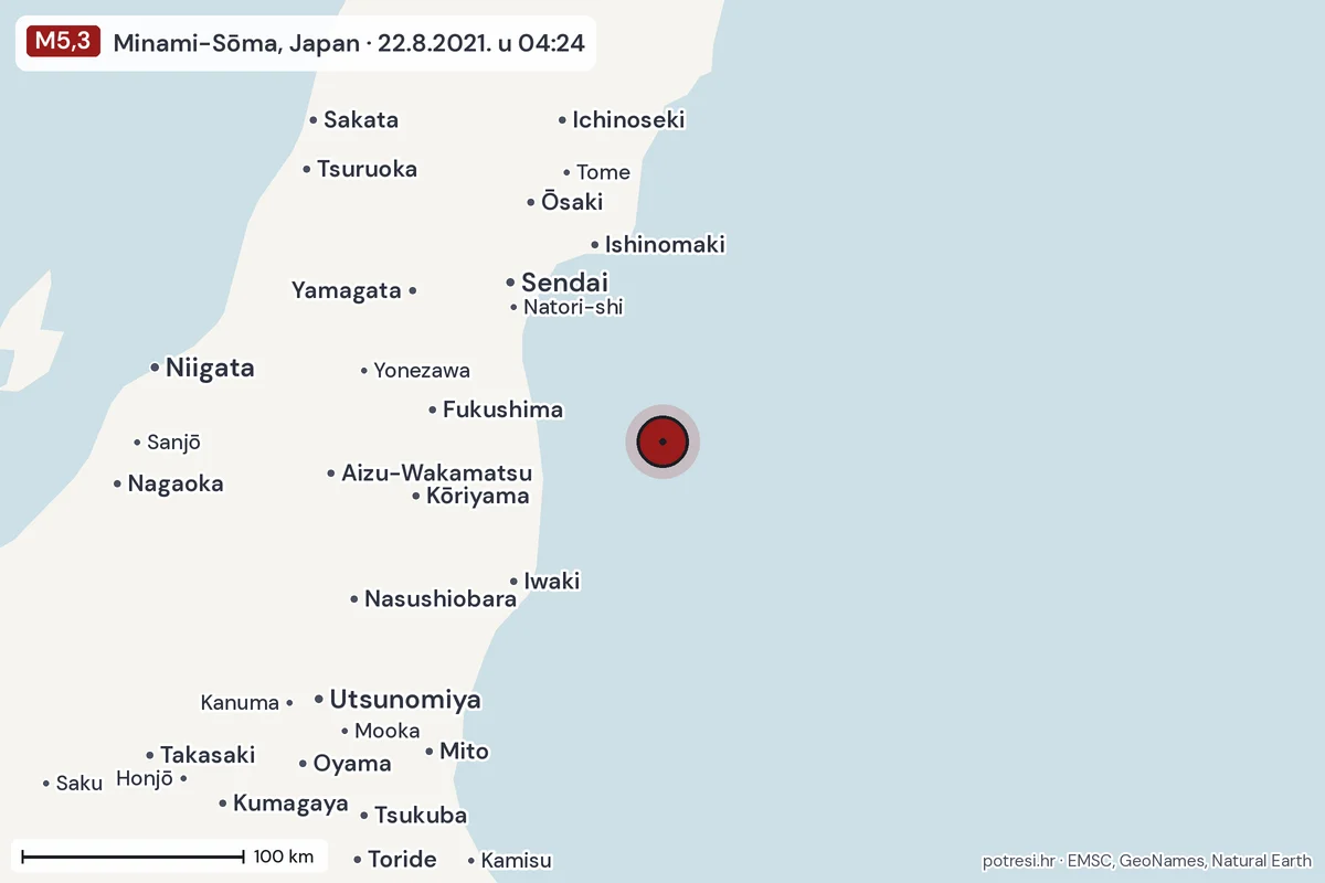 Karta: šire područje, 600 km, potres M5,3, Minami-Sōma, Japan, 22.8.2021.