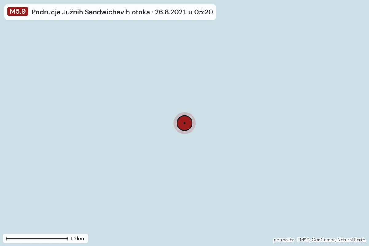 Karta: okolica epicentra, 60 km, potres M5,9, Područje Južnih Sandwichevih otoka, 26.8.2021.