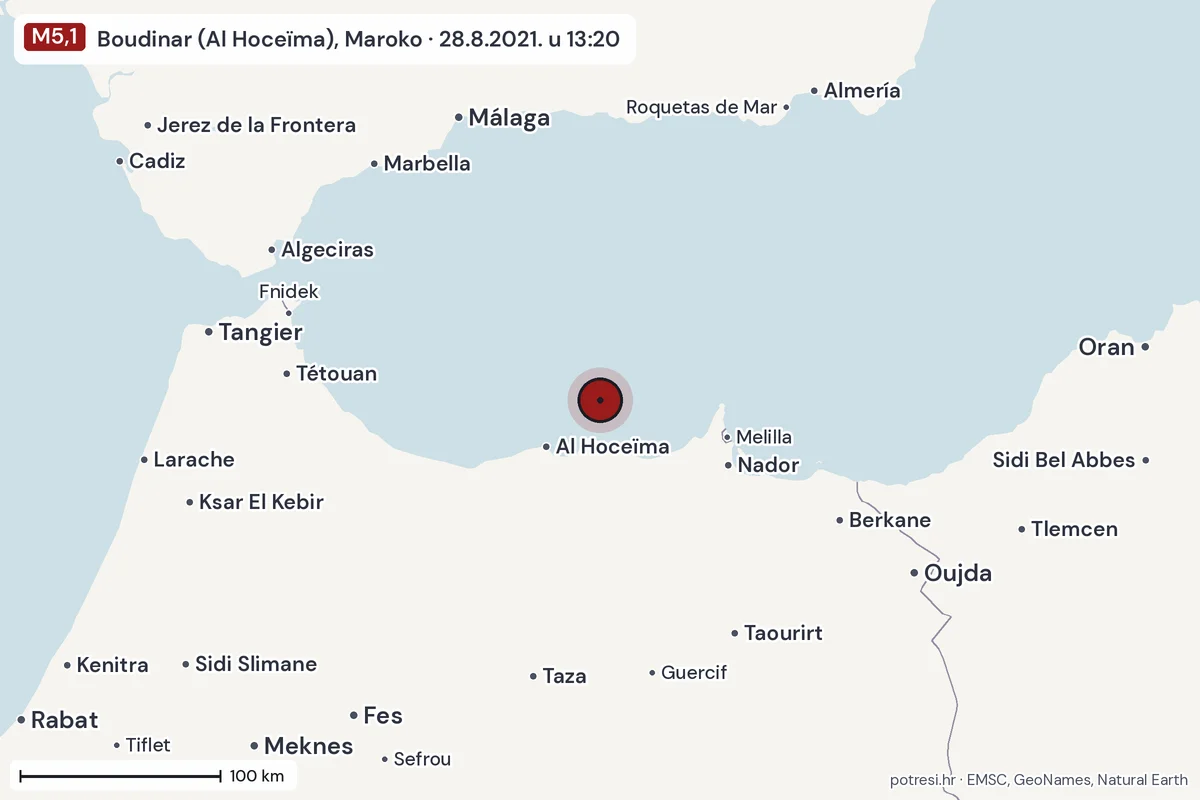 Karta: šire područje, 600 km, potres M5,1, Boudinar (Al Hoceïma), Maroko, 28.8.2021.