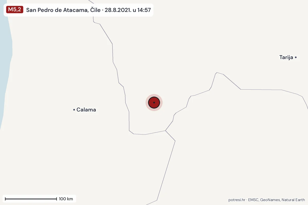 Karta: šire područje, 600 km, potres M5,2, San Pedro de Atacama, Čile, 28.8.2021.