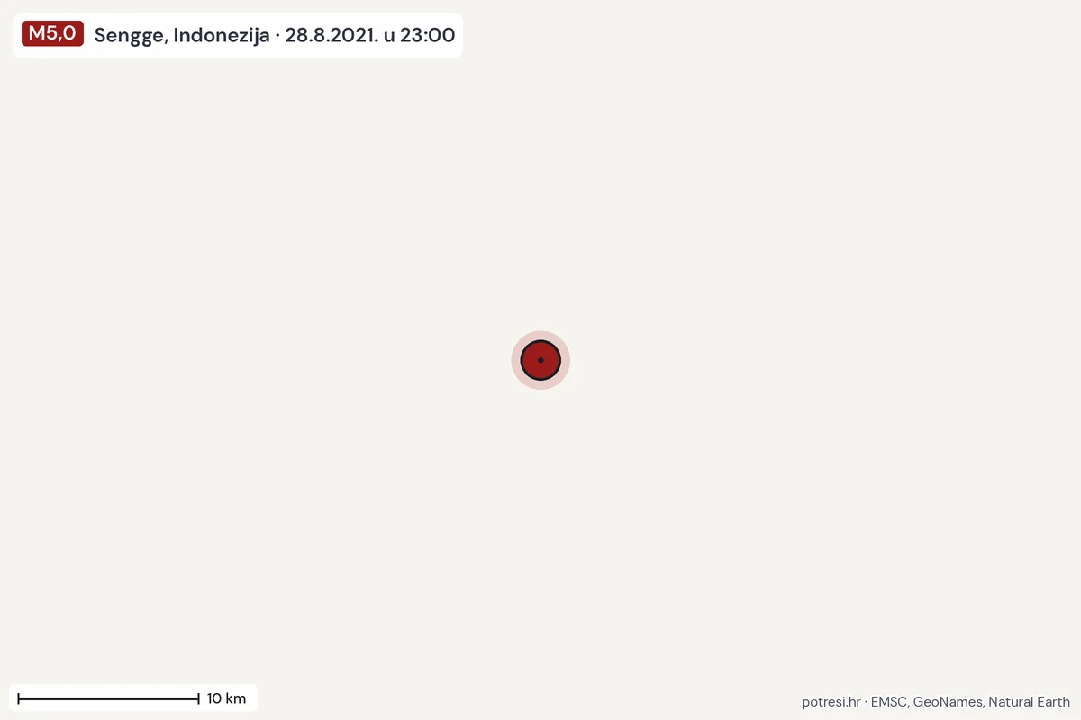 Karta: okolica epicentra, 60 km, potres M5,0, Sengge, Indonezija, 28.8.2021.