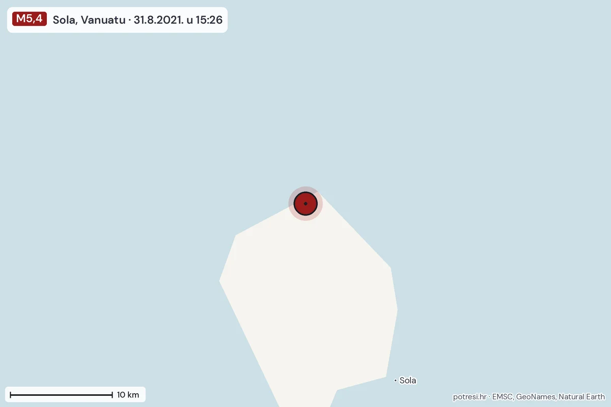 Karta: okolica epicentra, 60 km, potres M5,4, Sola, Vanuatu, 31.8.2021.