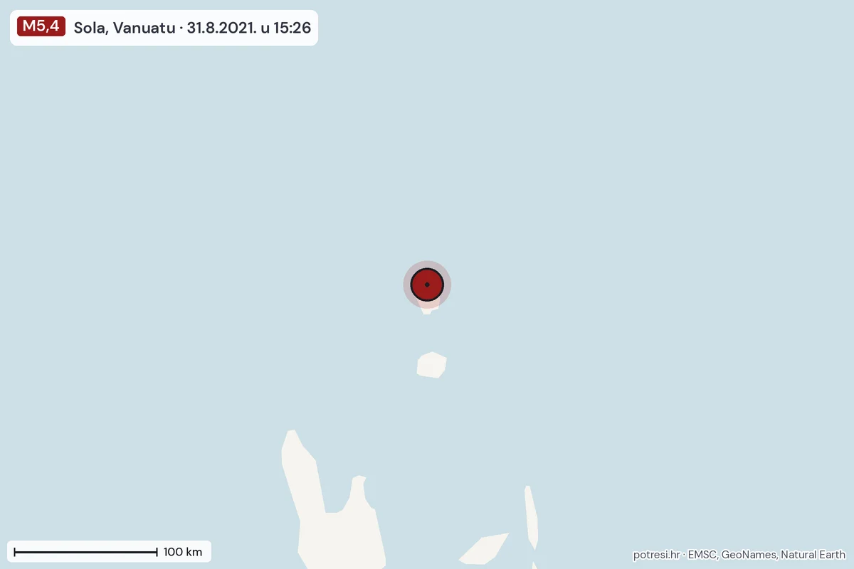 Karta: šire područje, 600 km, potres M5,4, Sola, Vanuatu, 31.8.2021.