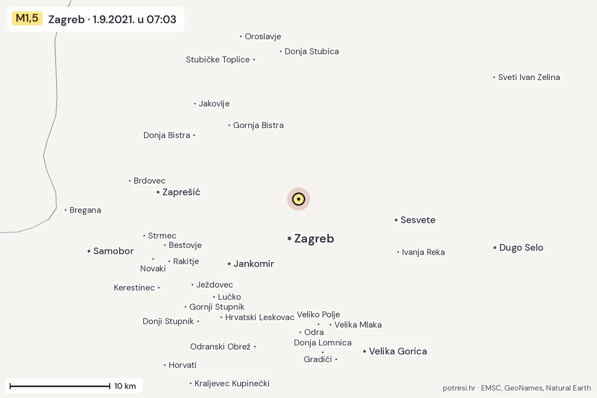 Karta: okolica epicentra, 60 km, potres M1,5, Zagreb, 1.9.2021.