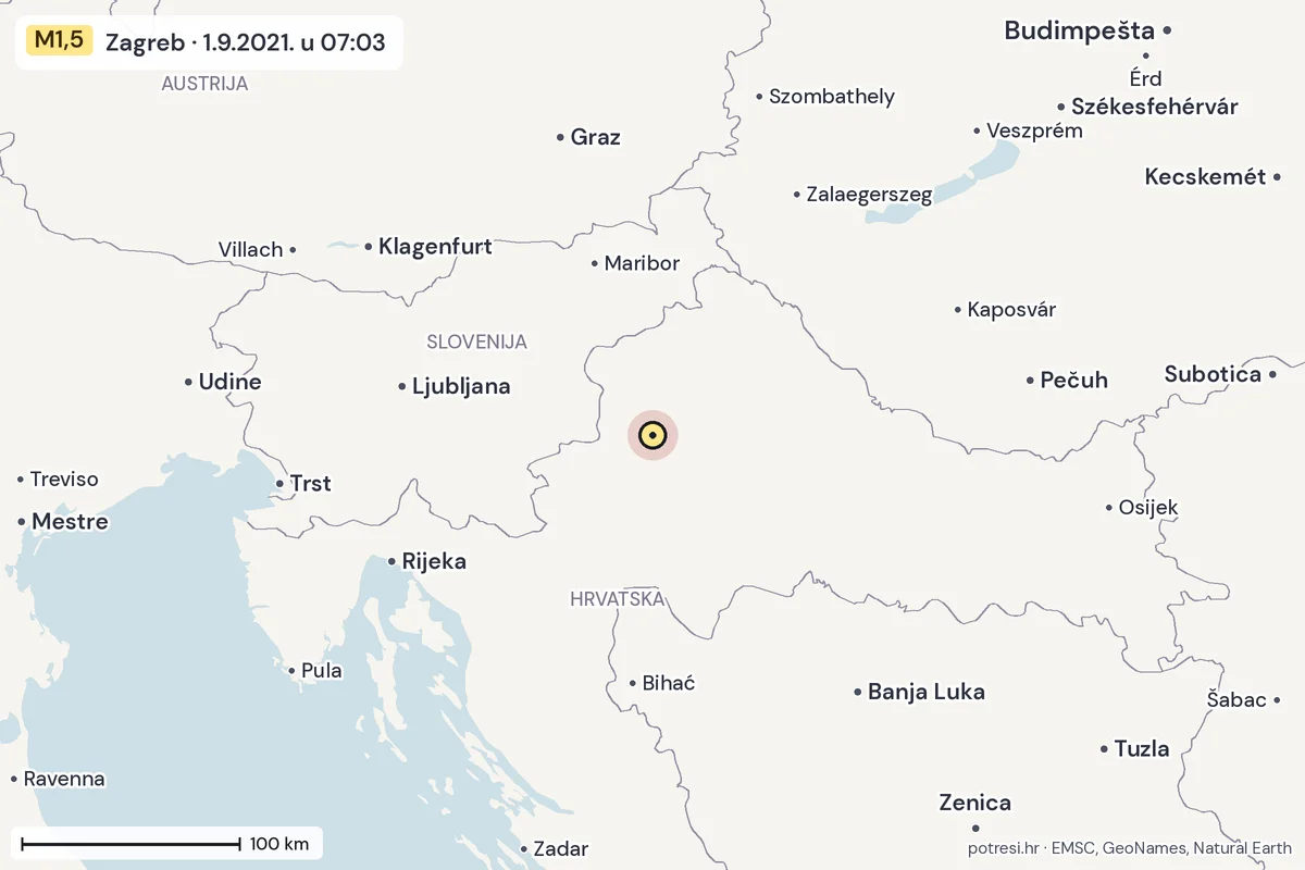Karta: šire područje, 600 km, potres M1,5, Zagreb, 1.9.2021.