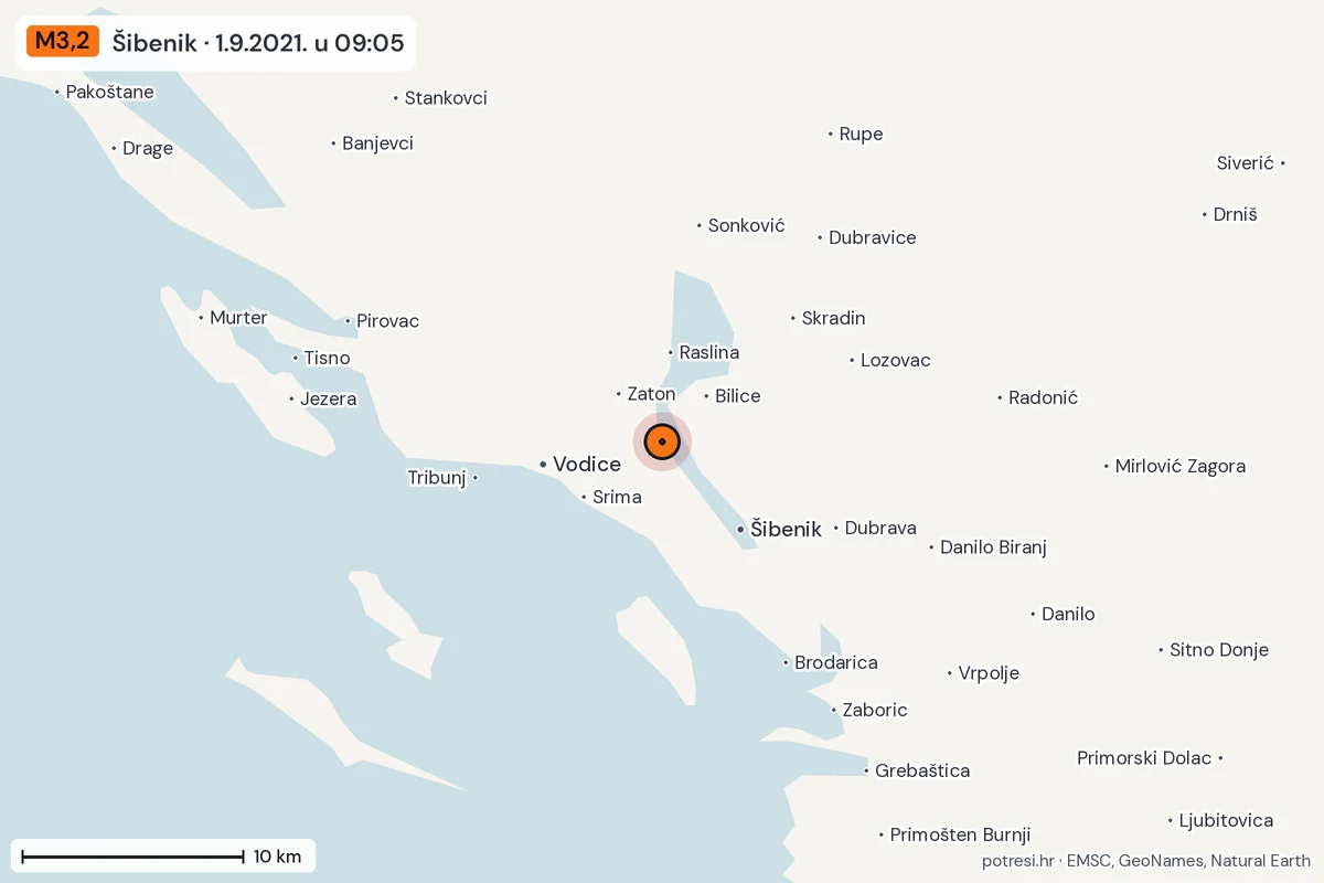Karta: okolica epicentra, 60 km, potres M3,2, Šibenik, 1.9.2021.