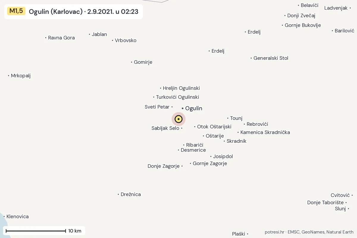 Karta: okolica epicentra, 60 km, potres M1,5, Ogulin (Karlovac), 2.9.2021.