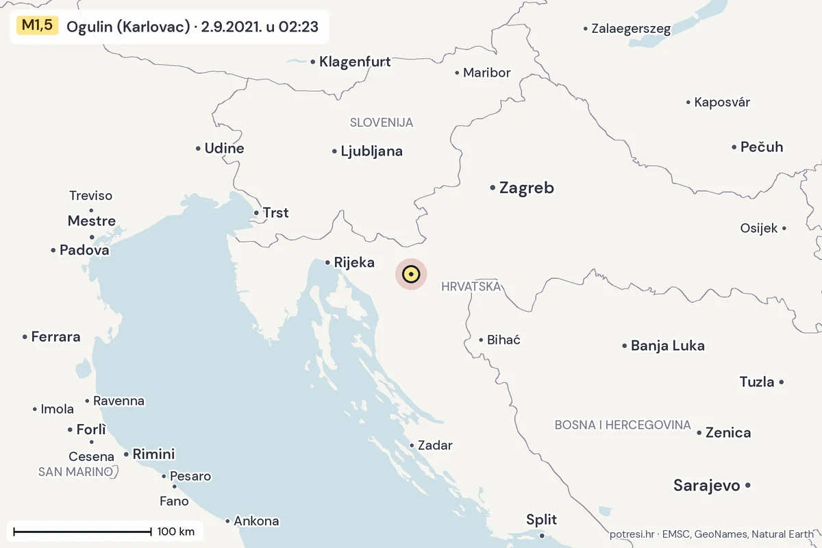 Karta: šire područje, 600 km, potres M1,5, Ogulin (Karlovac), 2.9.2021.
