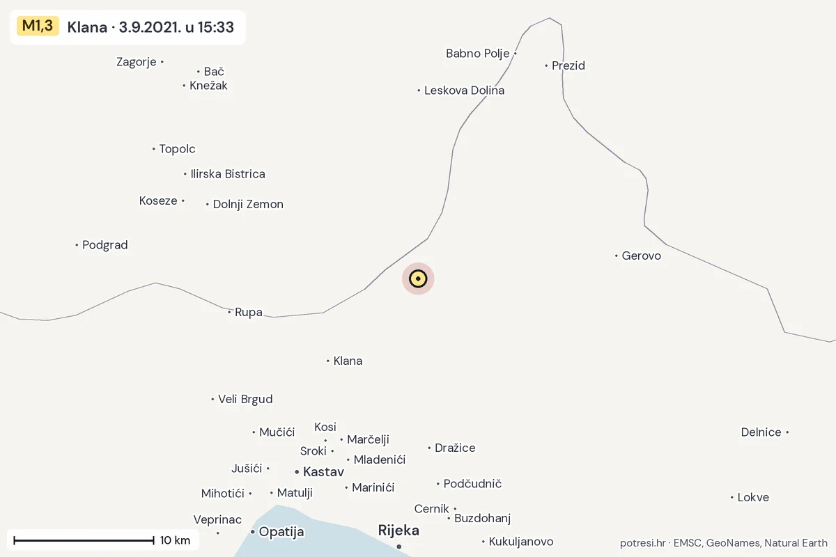 Karta: okolica epicentra, 60 km, potres M1,3, Klana, 3.9.2021.