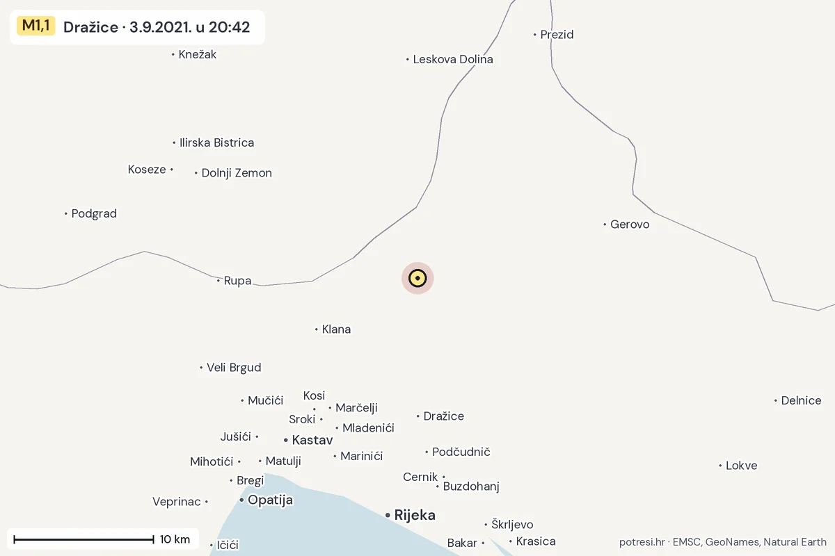 Karta: okolica epicentra, 60 km, potres M1,1, Dražice, 3.9.2021.