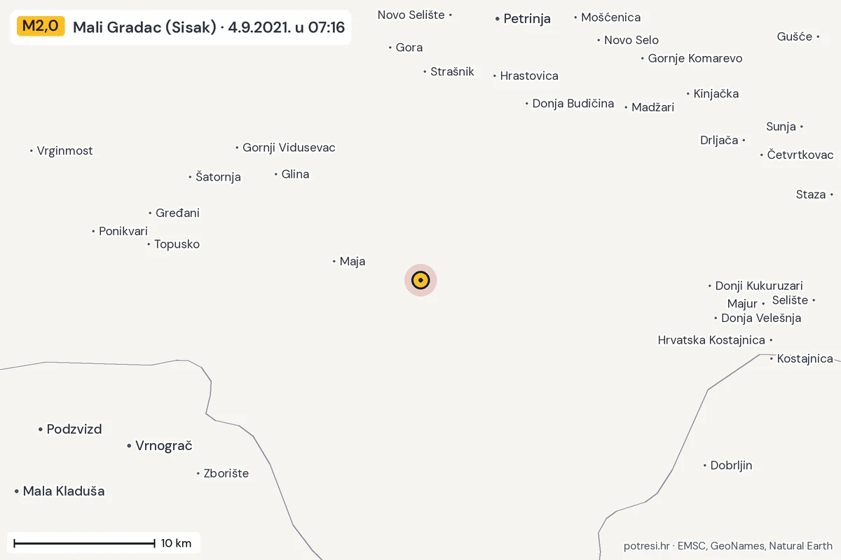 Karta: okolica epicentra, 60 km, potres M2,0, Mali Gradac (Sisak), 4.9.2021.