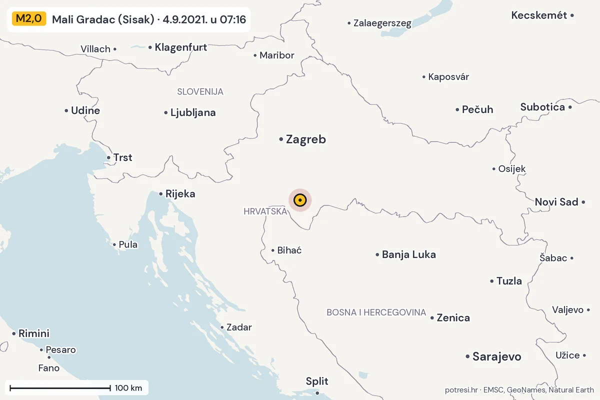 Karta: šire područje, 600 km, potres M2,0, Mali Gradac (Sisak), 4.9.2021.