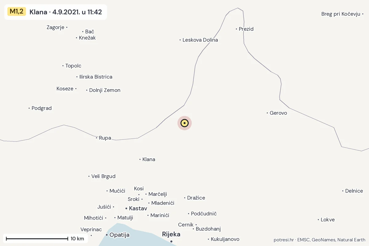 Karta: okolica epicentra, 60 km, potres M1,2, Klana, 4.9.2021.