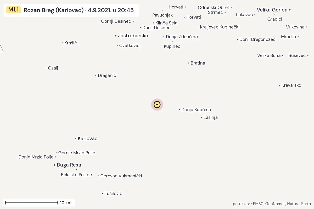 Karta: okolica epicentra, 60 km, potres M1,1, Rozan Breg (Karlovac), 4.9.2021.