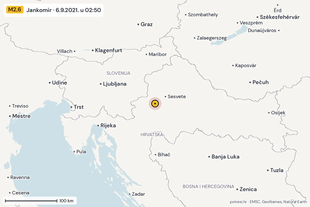 Karta: šire područje, 600 km, potres M2,6, Jankomir, 6.9.2021.