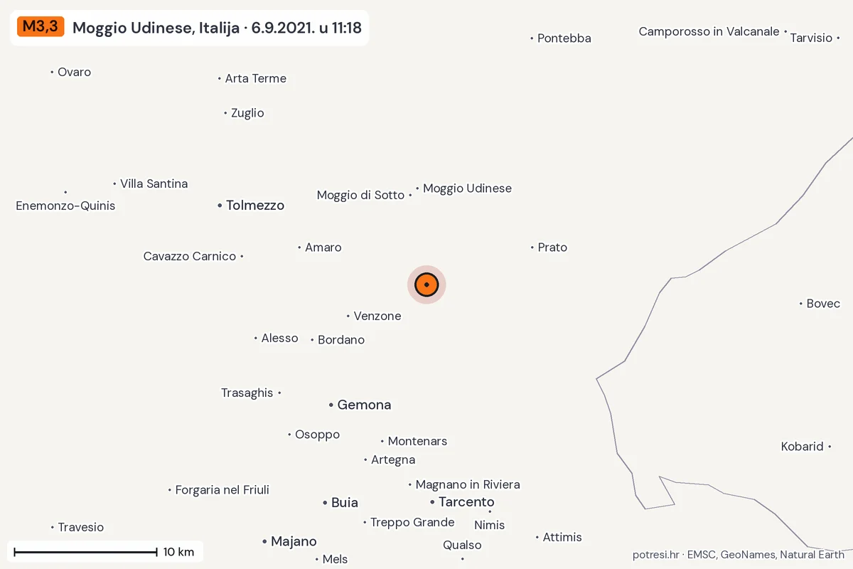 Karta: okolica epicentra, 60 km, potres M3,3, Moggio Udinese, Italija, 6.9.2021.