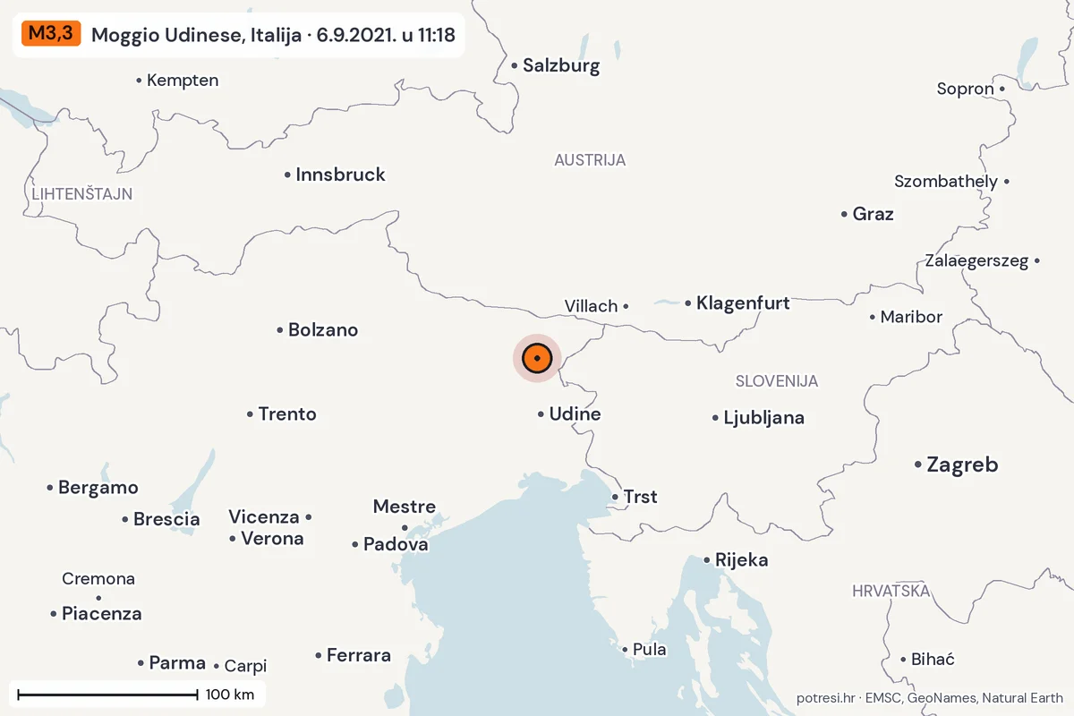 Karta: šire područje, 600 km, potres M3,3, Moggio Udinese, Italija, 6.9.2021.