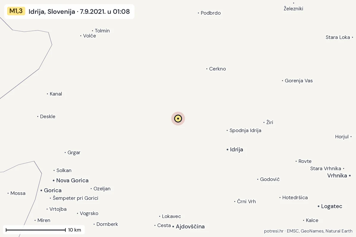 Karta: okolica epicentra, 60 km, potres M1,3, Idrija, Slovenija, 7.9.2021.
