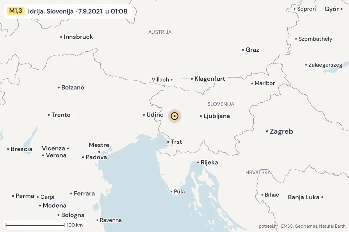 Karta: šire područje, 600 km, potres M1,3, Idrija, Slovenija, 7.9.2021.