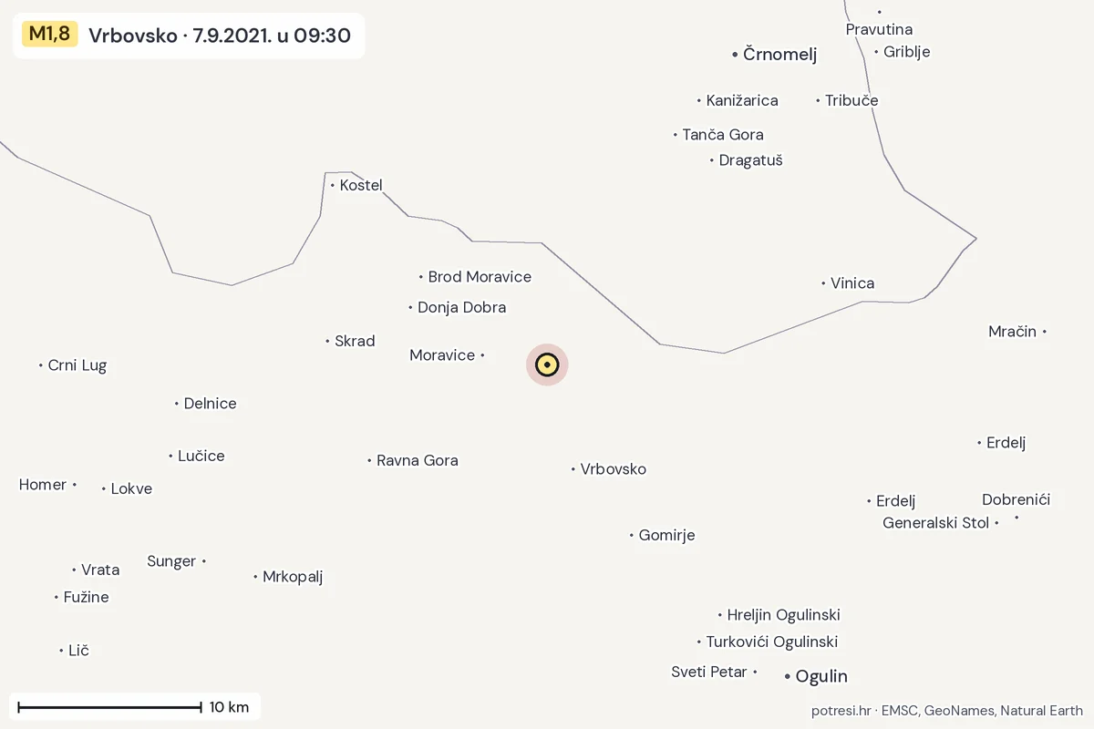 Karta: okolica epicentra, 60 km, potres M1,8, Vrbovsko, 7.9.2021.