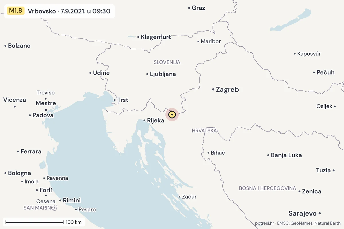 Karta: šire područje, 600 km, potres M1,8, Vrbovsko, 7.9.2021.