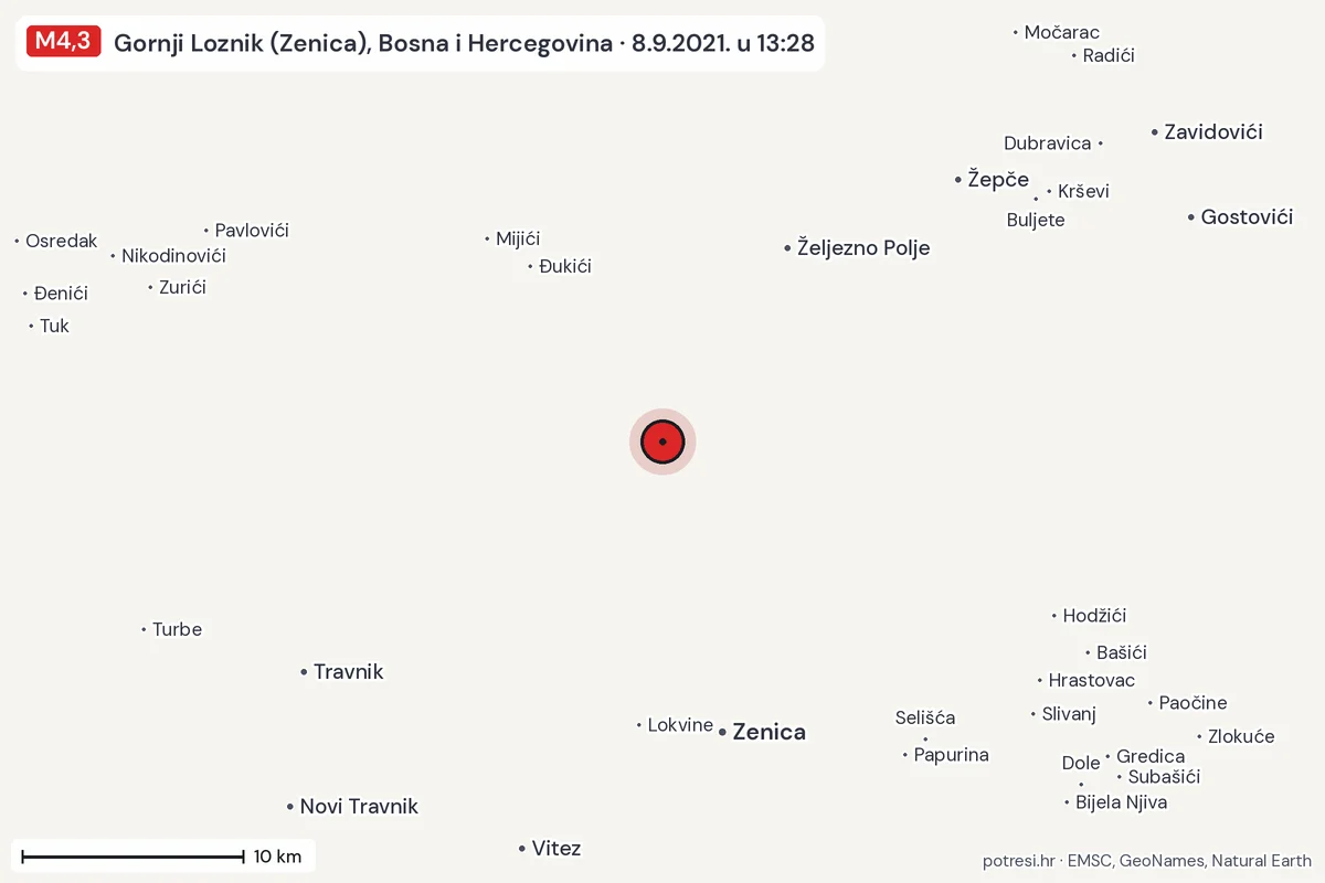 Karta: okolica epicentra, 60 km, potres M4,3, Gornji Loznik (Zenica), Bosna i Hercegovina, 8.9.2021.