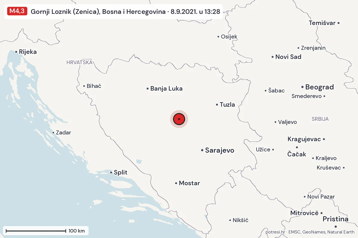 Karta: šire područje, 600 km, potres M4,3, Gornji Loznik (Zenica), Bosna i Hercegovina, 8.9.2021.
